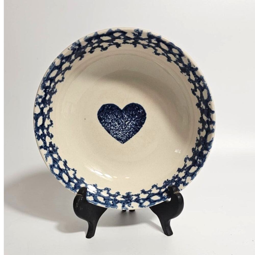 Vintage Tienshan Folk Craft Hearts Blue Spongeware Bowl Country 90s